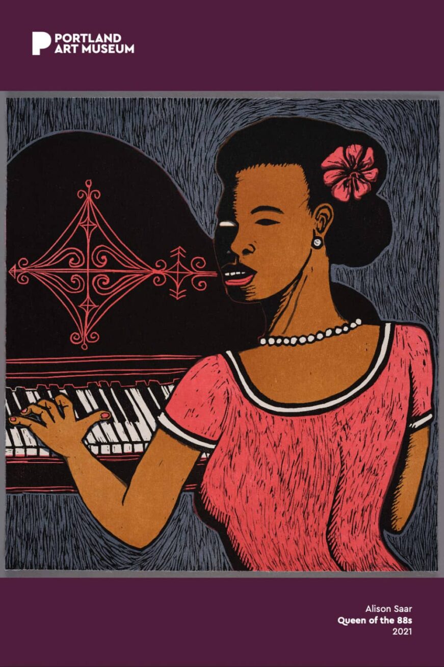 Linocut of a person playing piano.