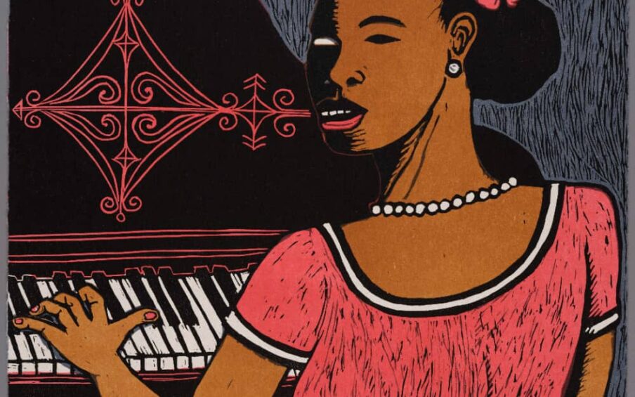 Linocut of a person playing piano.