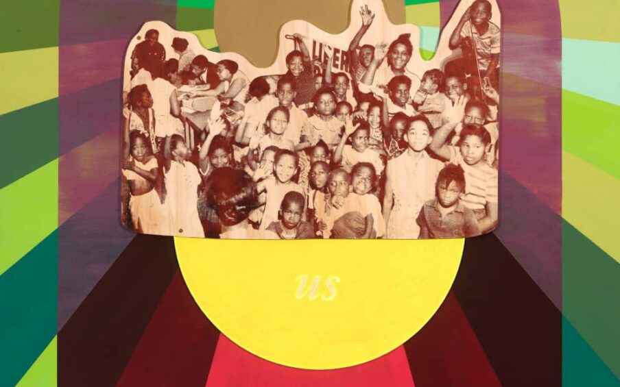 Mixed-media collage with a group of people surrounded by bands of color.