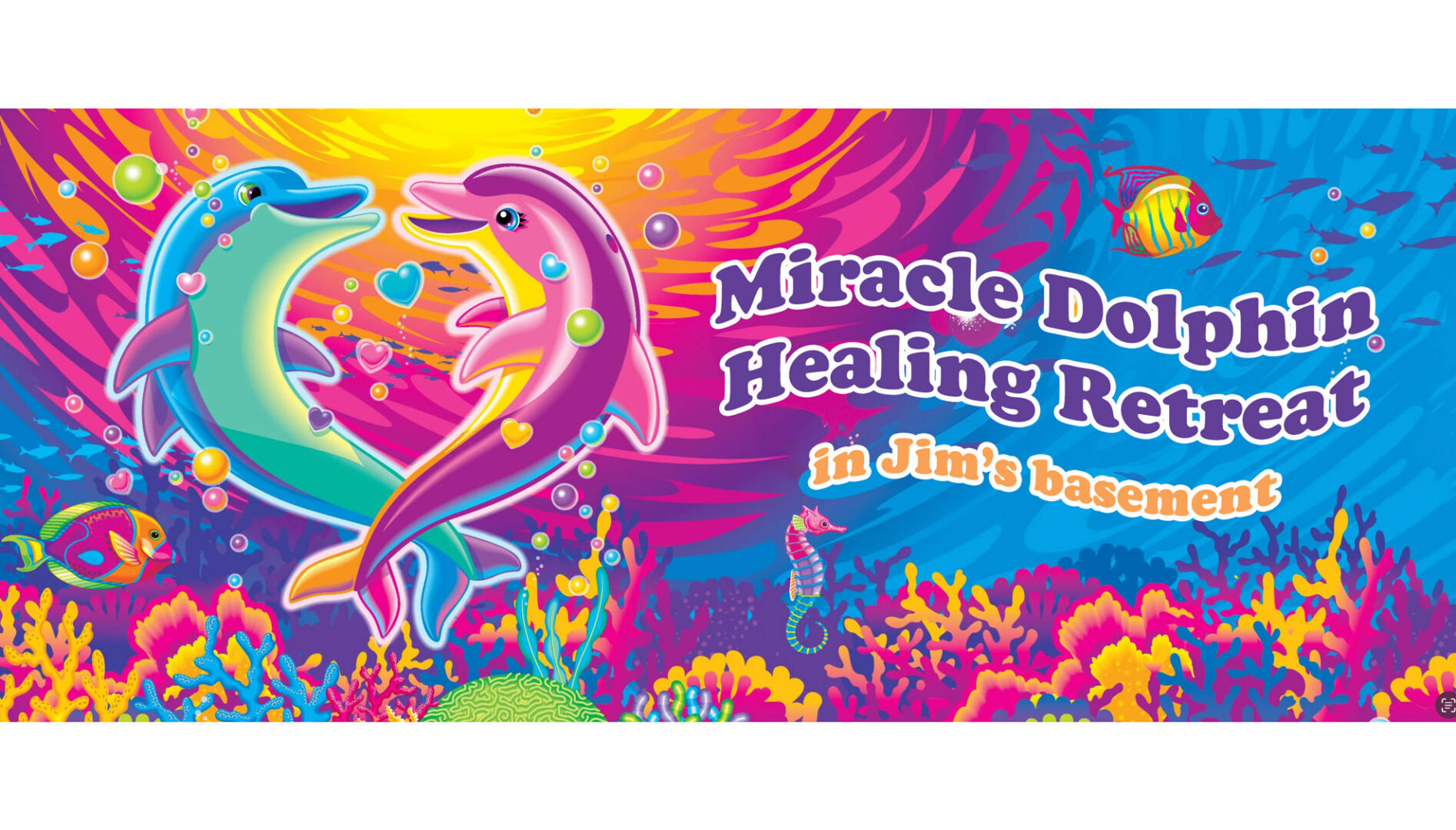 Illustration of dolphins and an underwater world in bright colors