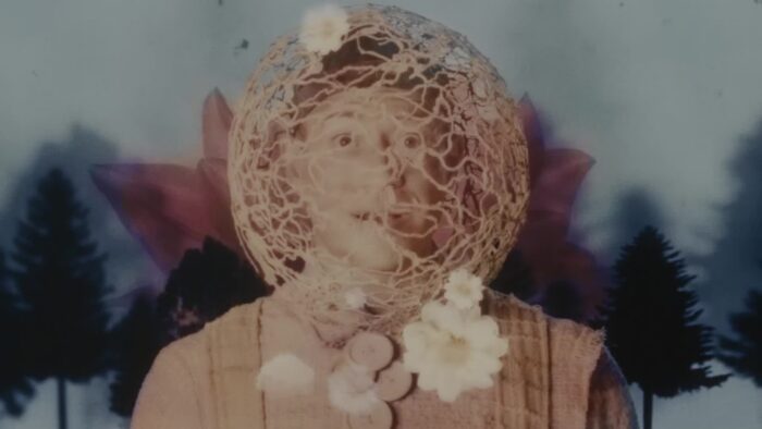 Film still of a person from the chest up. They are wearing a round helmet that looks like it's made of branches.