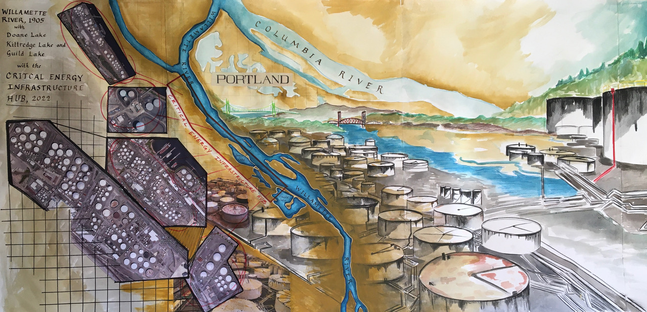 A hand painted map of the Columbia and Willamette Rivers.