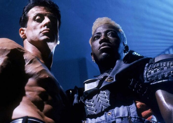 Sylvester Stallone and Wesley Snipes in a film still from Demolition Man.