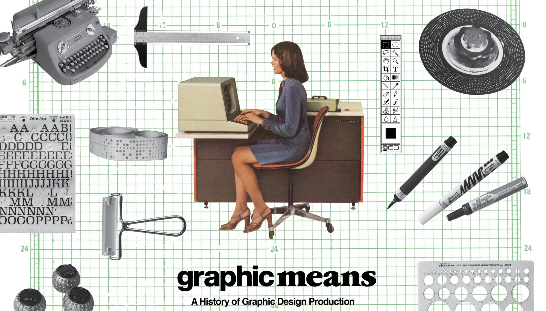 A collage of a woman sitting at a desk with an old-fashioned computer with graphic design tools floating around her.