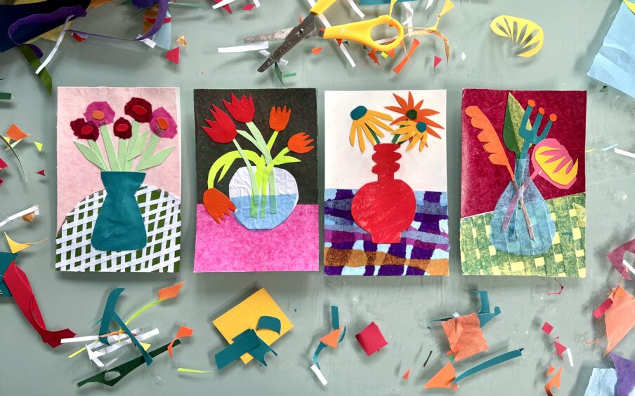 Photo of flower collages with the art tools and paper scraps surrounding them.