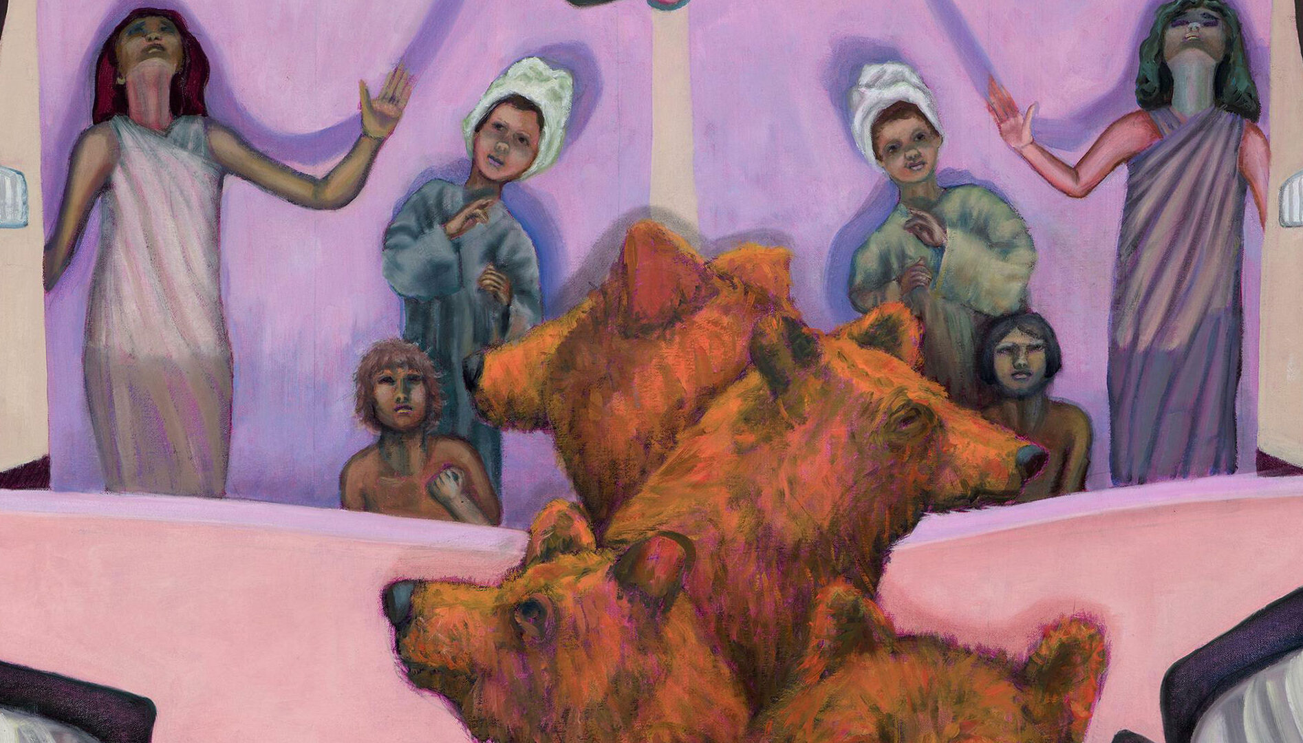 Painting of six children and four bears