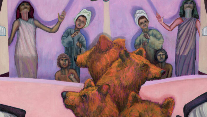 Painting of six children and four bears