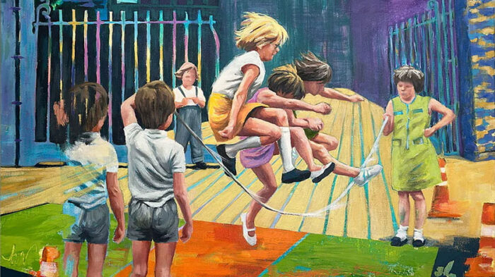 Painting of kids jump roping and playing