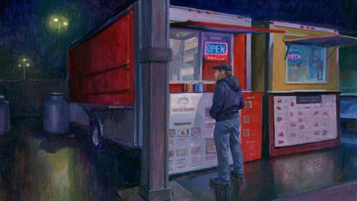 Painting of a man at a food truck in the evening.