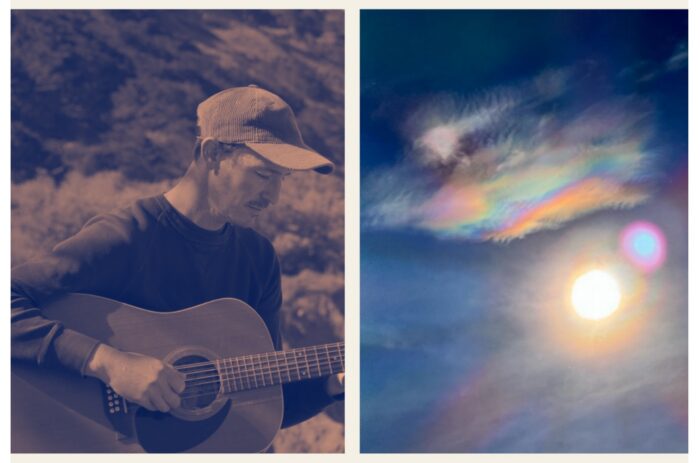A split screen with a man playing guitar on the left and the clouds, sky, and sun on the right.