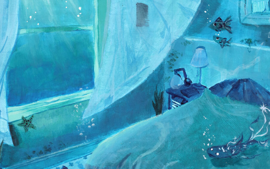Painting of a blue and green bedroom with magical fish in the air.