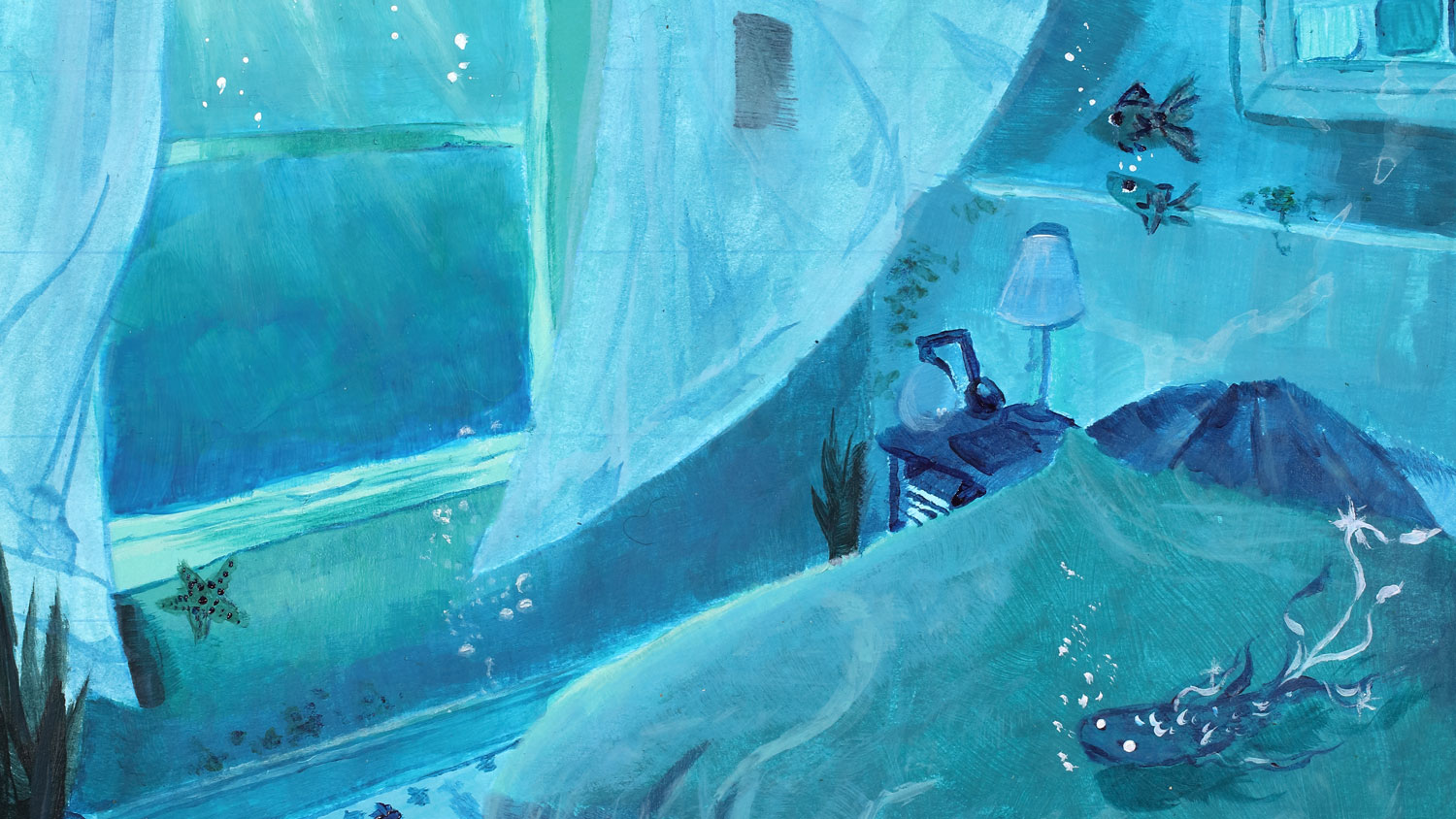 Painting of a blue and green bedroom with magical fish in the air.