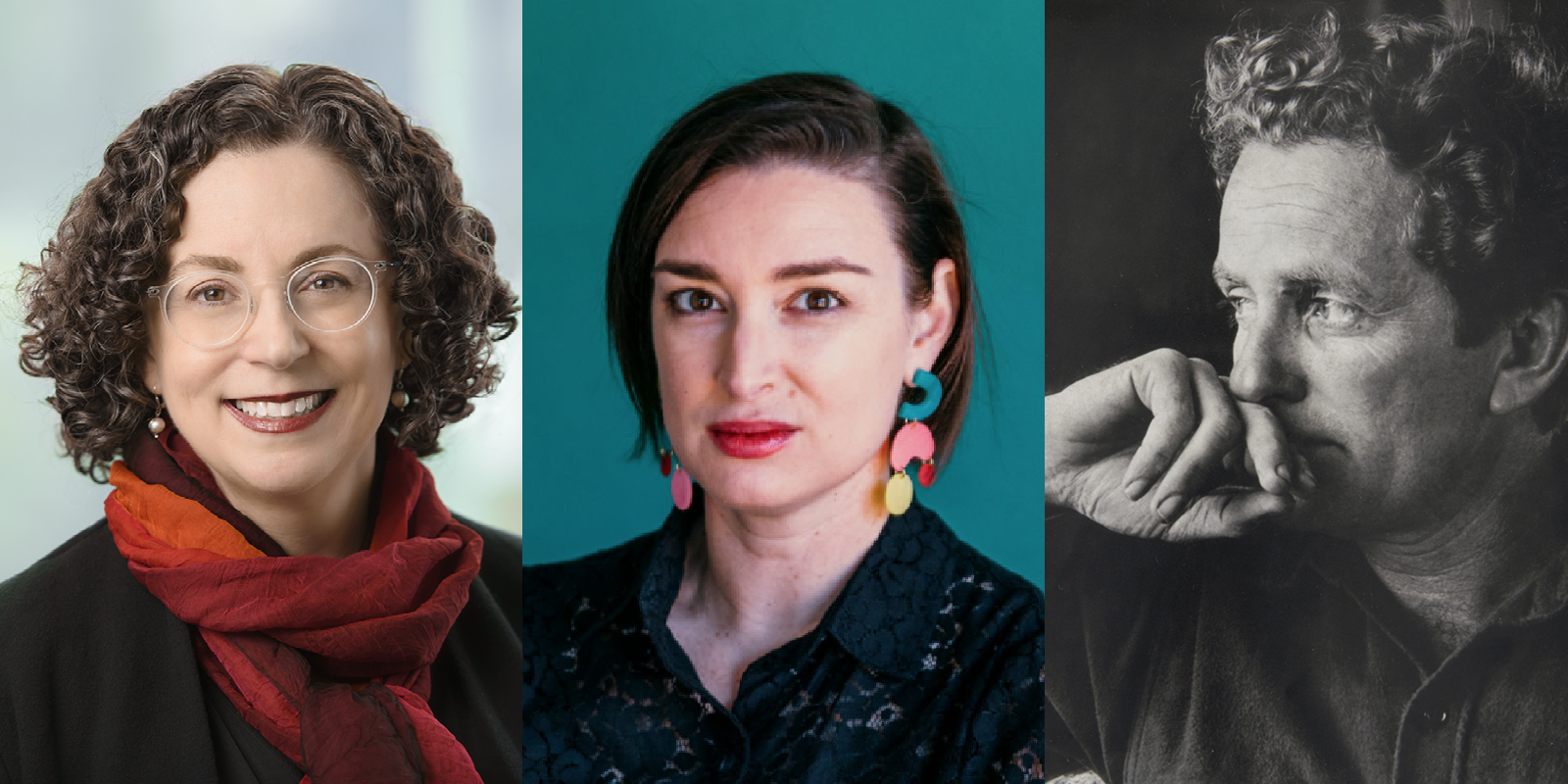 Three headshots: two women on the left and a man in black and white on the right.