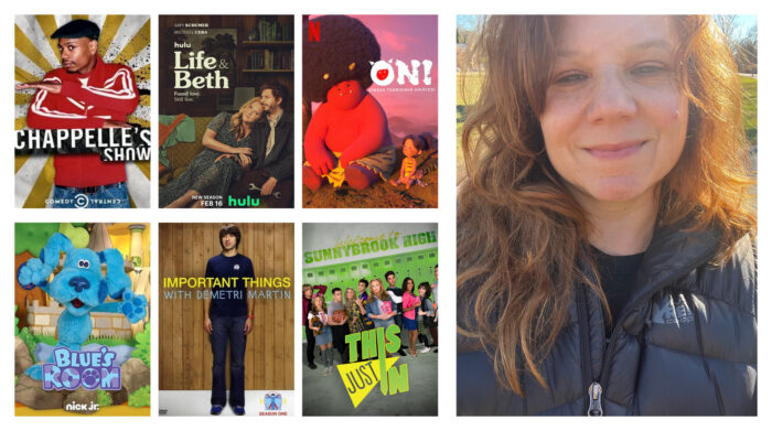 Collage of TV posters with an image of a woman with long, red hair on the right.