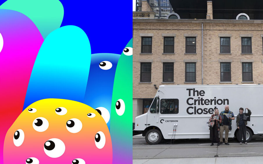 Split screen image with an illustration of bright colors and eyes on the left and a photo of the Criterion Mobile Closet on the right.