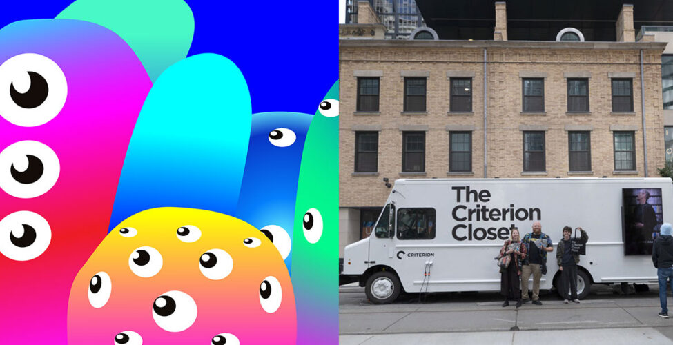 Split screen image with an illustration of bright colors and eyes on the left and a photo of the Criterion Mobile Closet on the right.