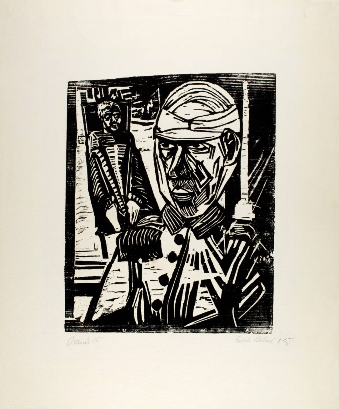 Woodcut print of two soldiers with bandaged wounds.