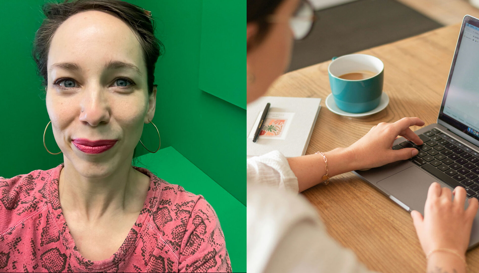 Diptych with a photo of a woman on the left and a photo of someone typing at a laptop on the right.