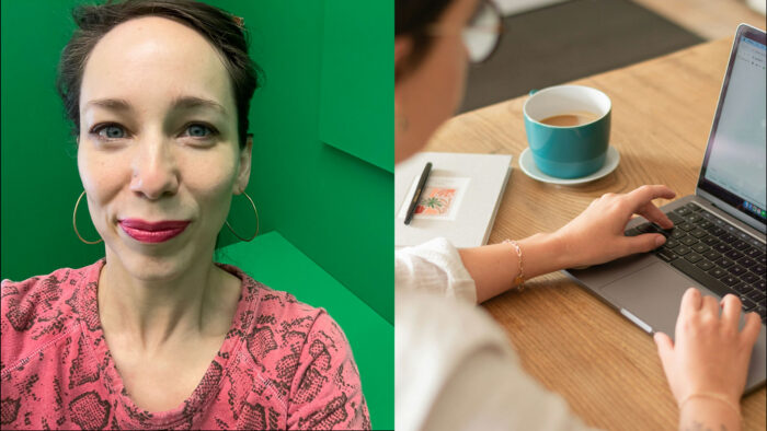 Diptych with a photo of a woman on the left and a photo of someone typing at a laptop on the right.