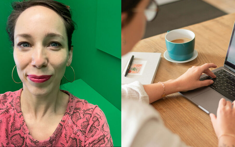 Diptych with a photo of a woman on the left and a photo of someone typing at a laptop on the right.