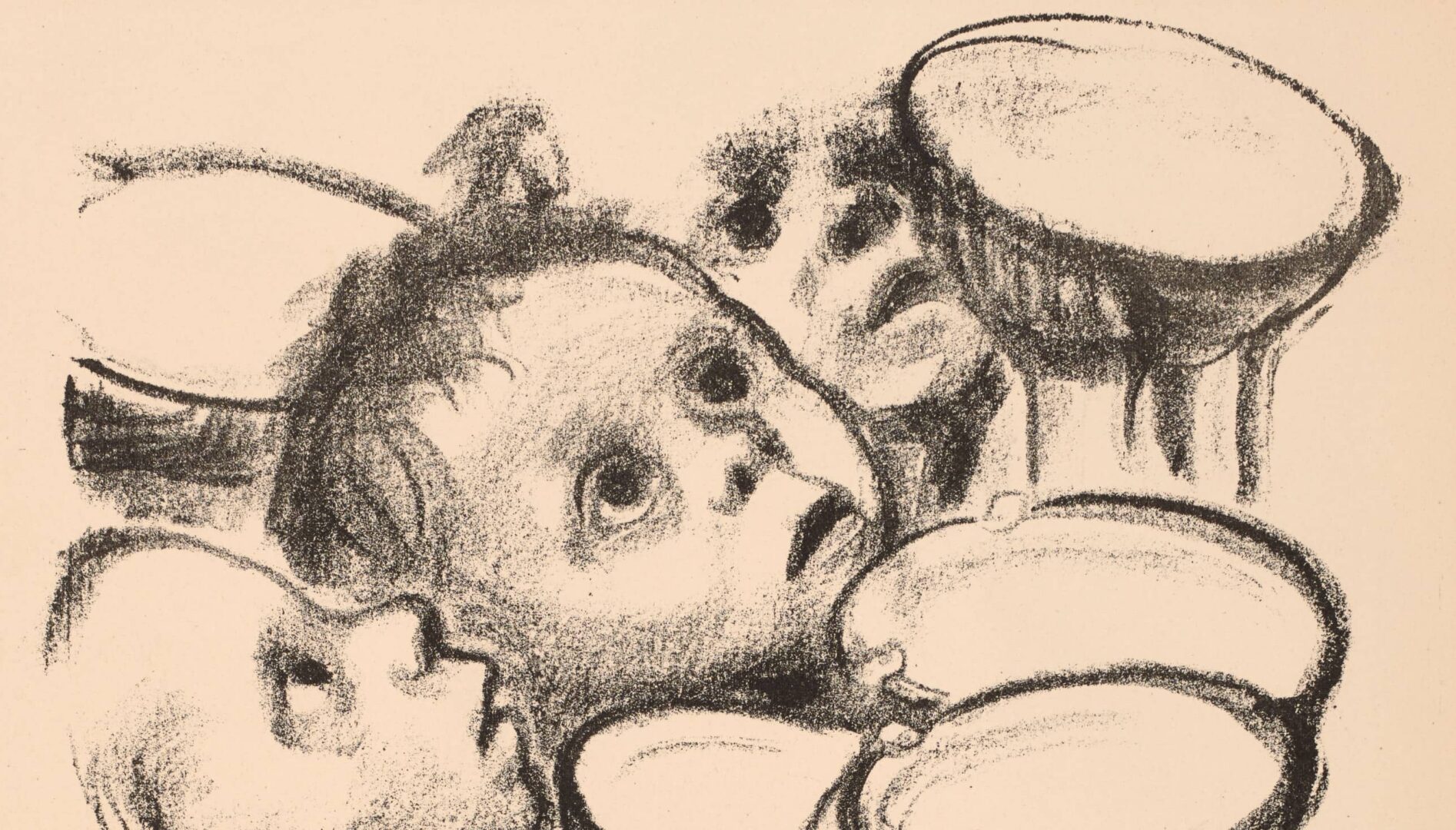 Lithograph of children holding bowls in front of them.