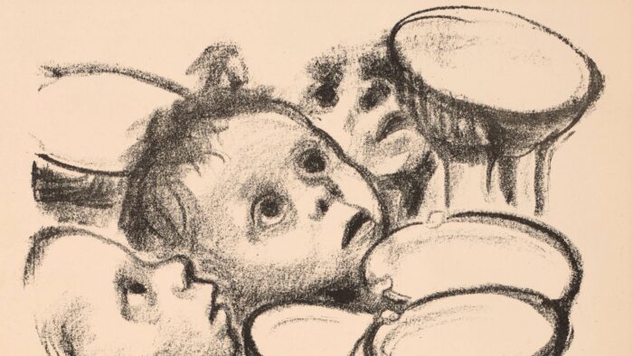 Lithograph of children holding bowls in front of them.