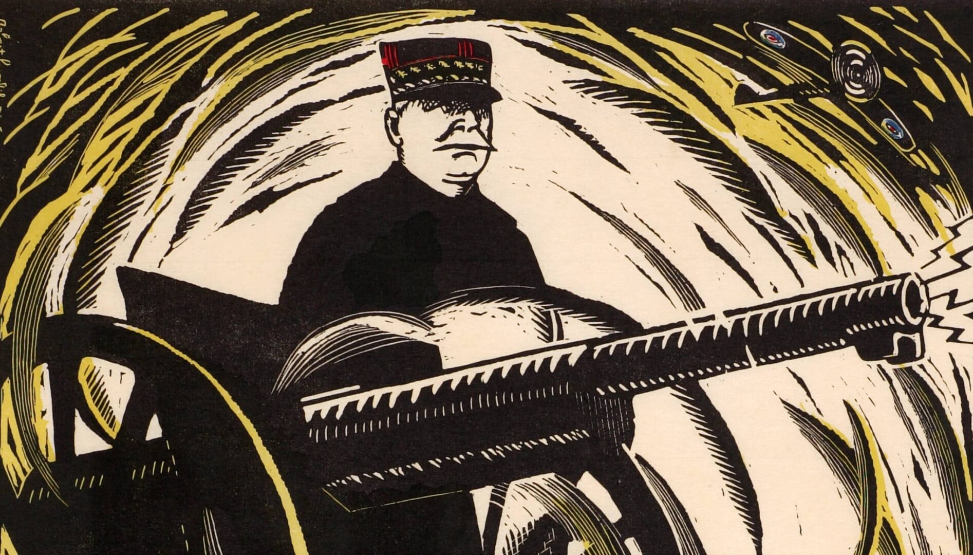 Woodcut image of a soldier standing behind a machine gun.