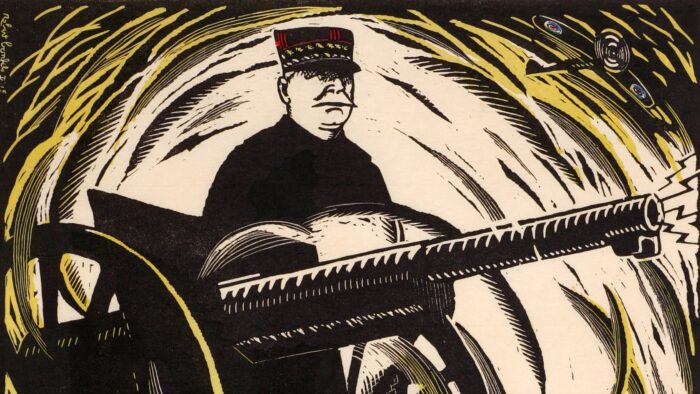 Woodcut image of a soldier standing behind a machine gun.