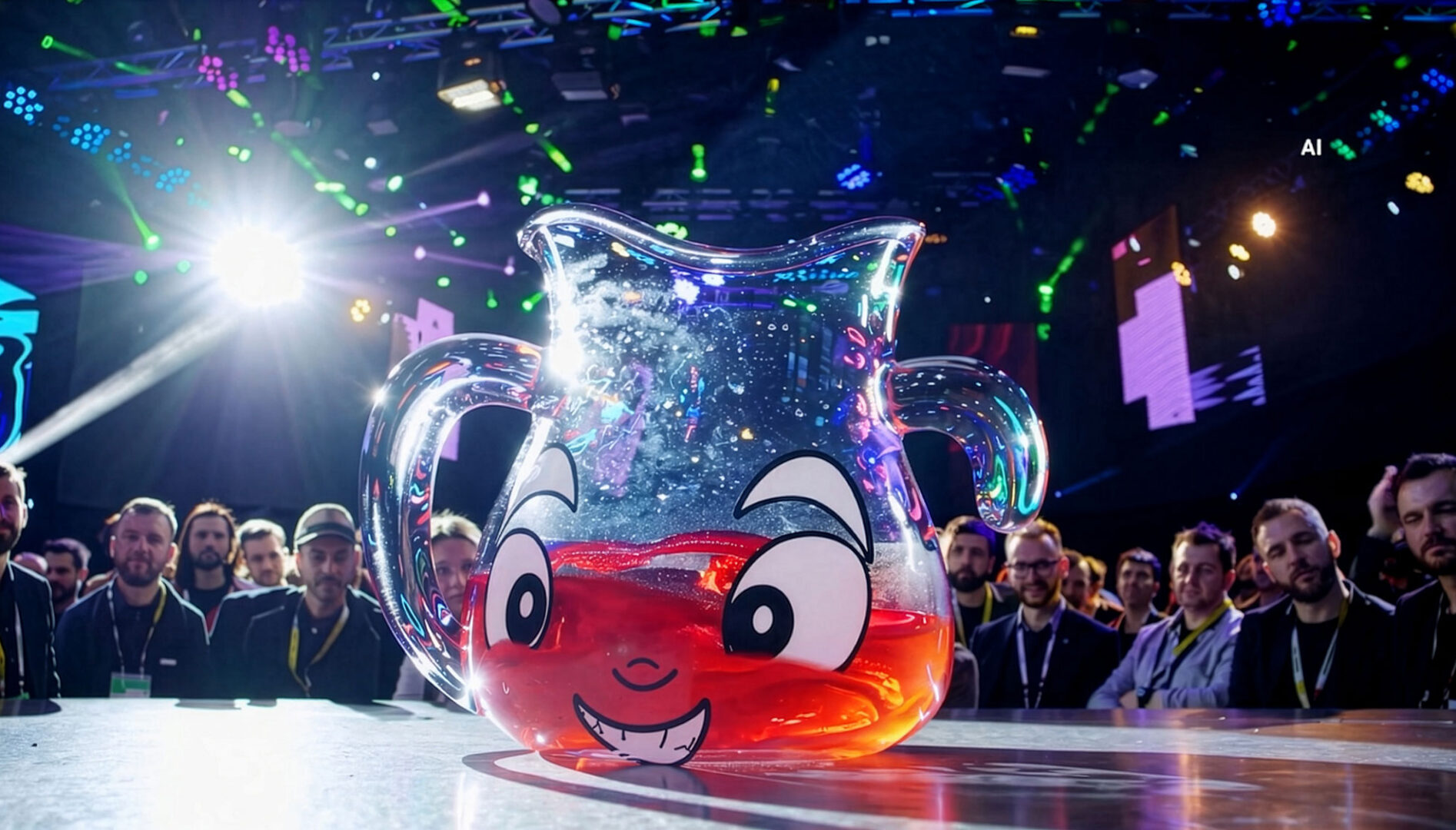A Kool-Aid pitcher on a stage surrounded by people.