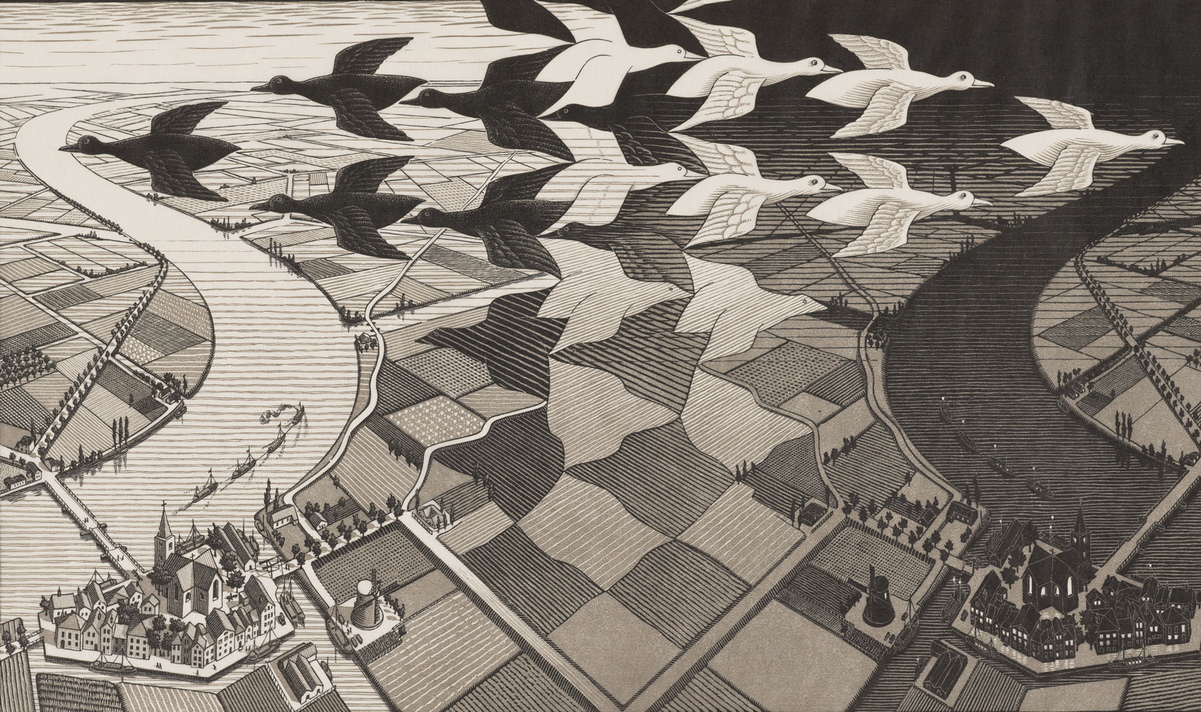 Black and white print with grid patterns and ducks flying.