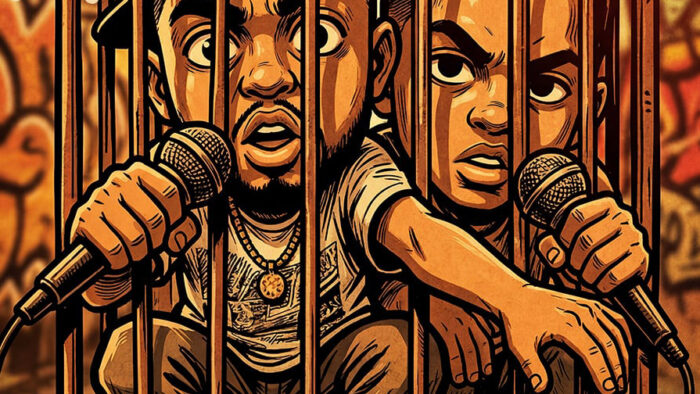 Illustration of two Black men holding microphones behind bars.