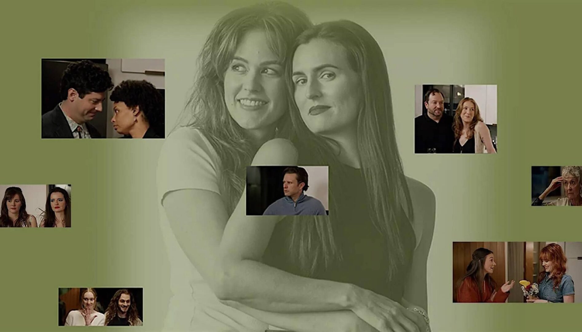Several film stills set atop two people embracing.