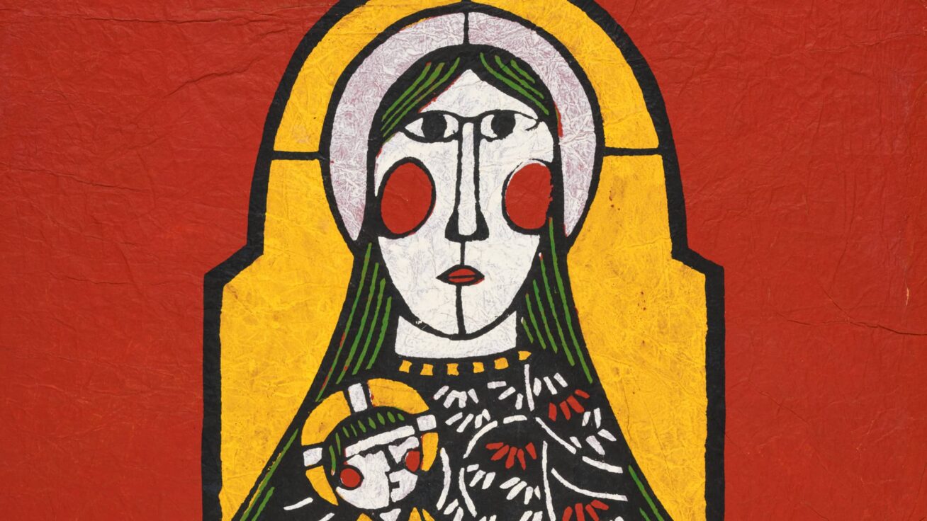 Color stencil print of Madonna holding baby Jesus.