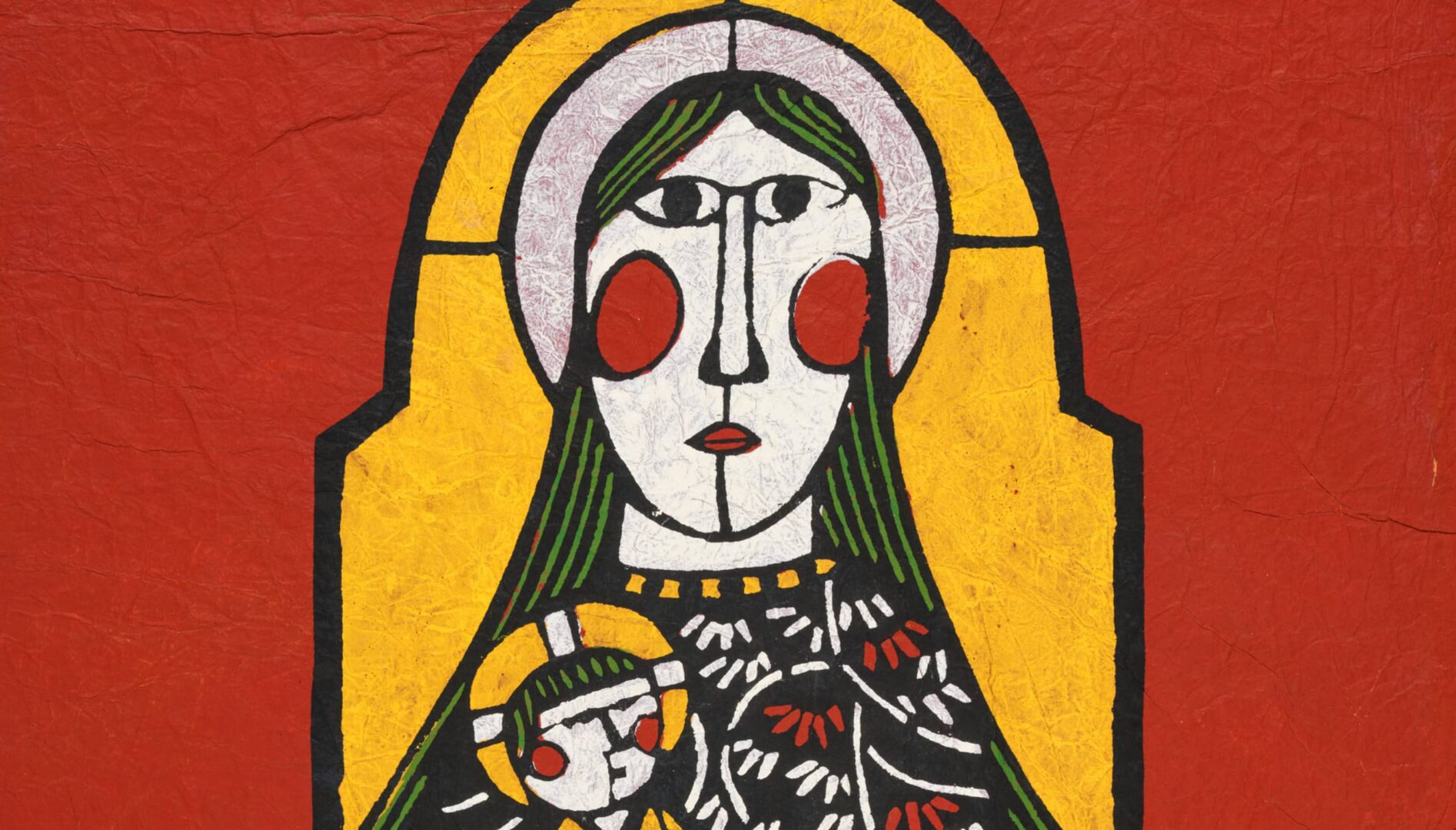 Color stencil print of Madonna holding baby Jesus.