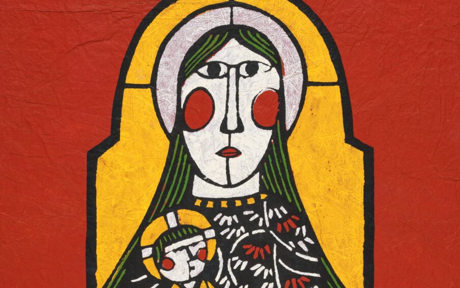 Color stencil print of Madonna holding baby Jesus.
