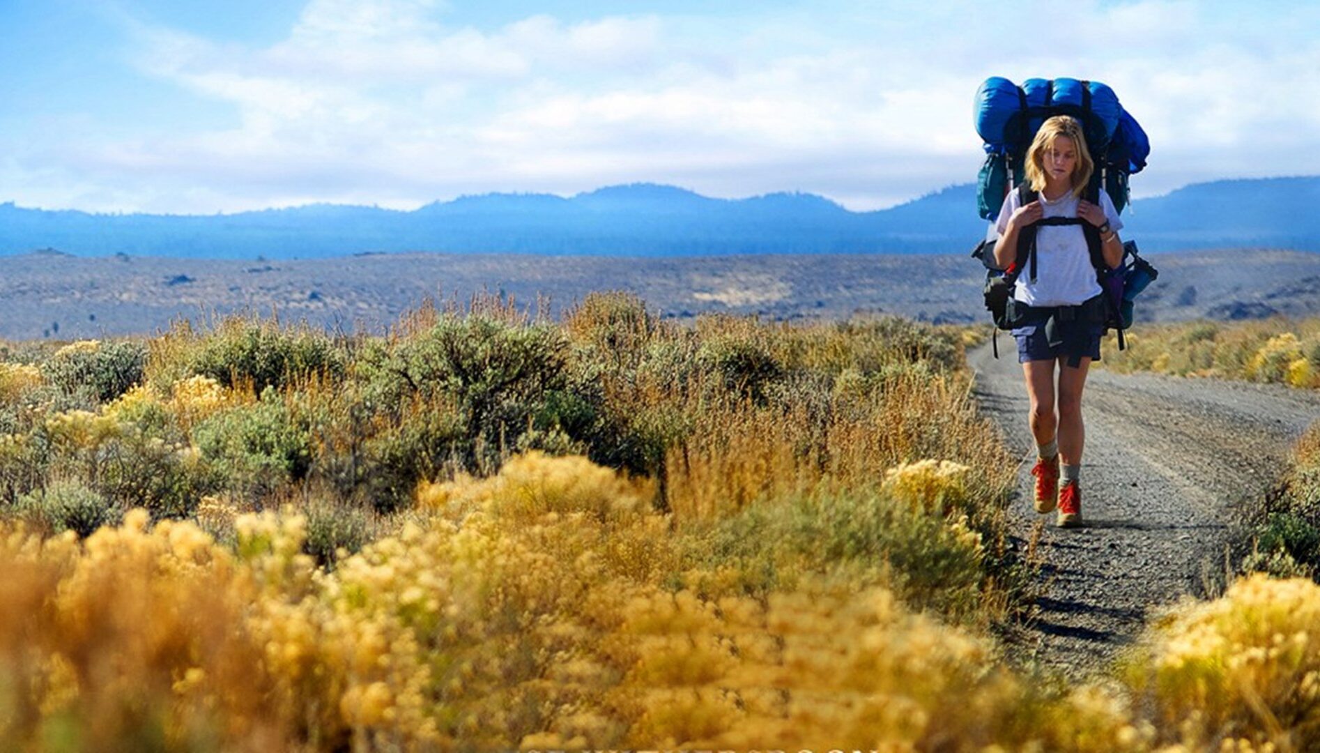 A young woman carrying a large backpack, hiking through a beautiful landscape with mountains in the background.