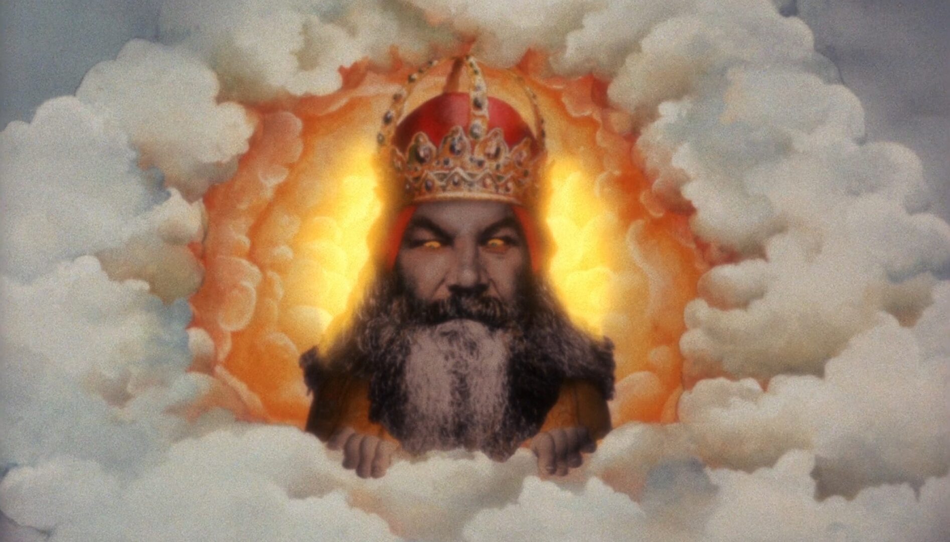 An illustration of clouds with a bearded man wearing a crown in the middle, light beaming around his head.