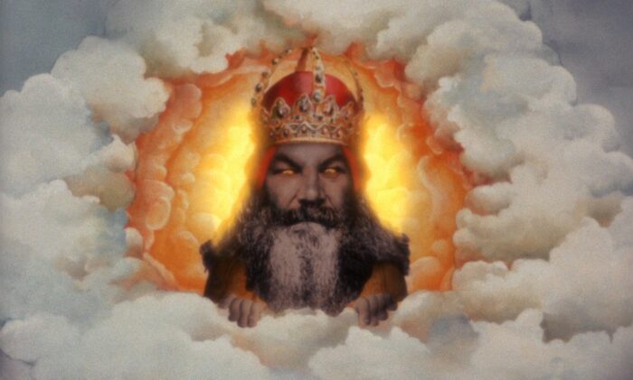 An illustration of clouds with a bearded man wearing a crown in the middle, light beaming around his head.