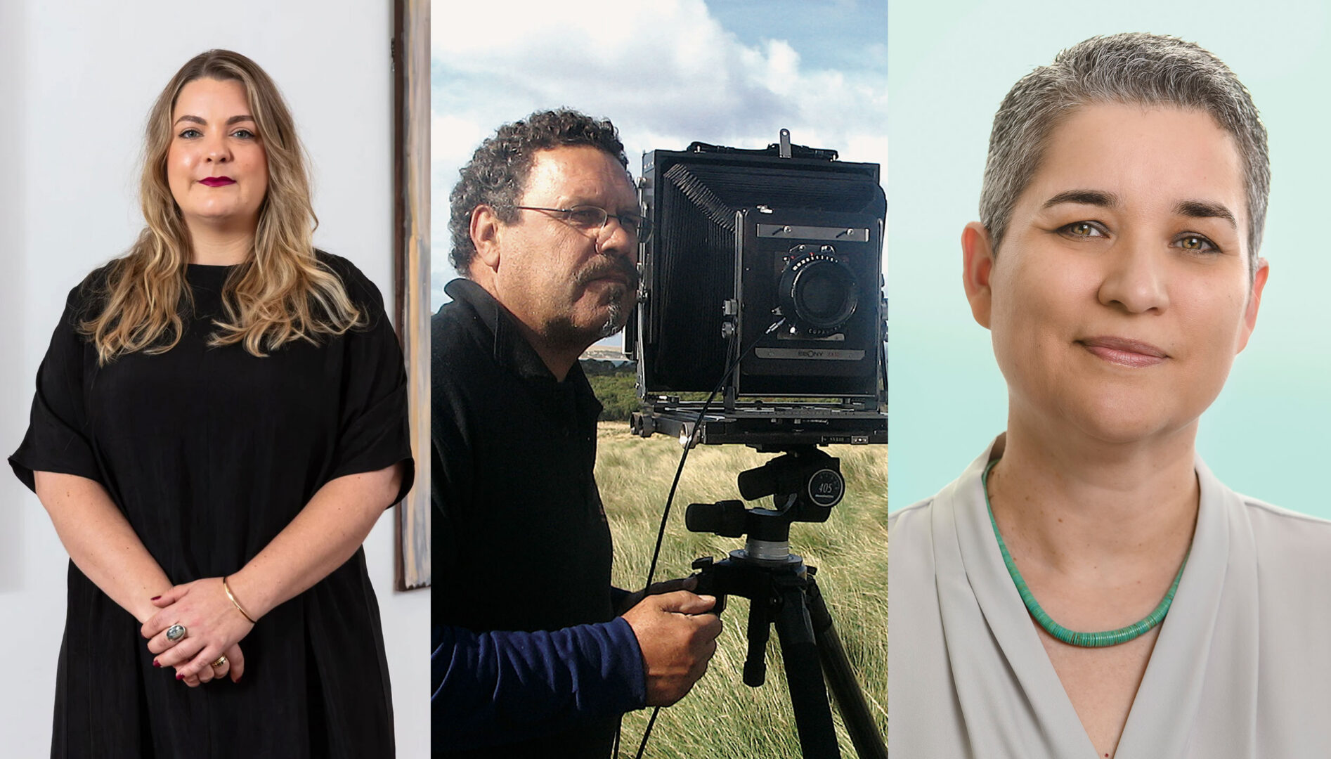 Triptych of photos of people: a woman with long blond hair wearing a black dress, a man with curly brown hair and eyeglasses next to a large format camera, and a woman with short grey hair wearing a v-neck blouse and a turquoise necklace.