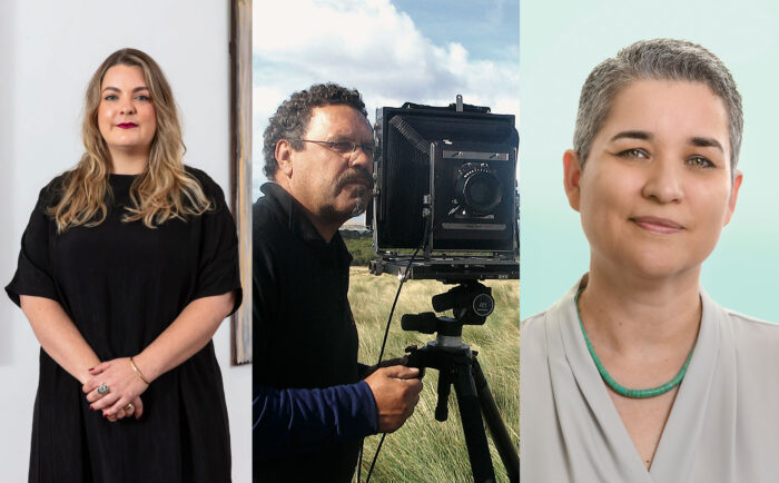 Triptych of photos of people: a woman with long blond hair wearing a black dress, a man with curly brown hair and eyeglasses next to a large format camera, and a woman with short grey hair wearing a v-neck blouse and a turquoise necklace.