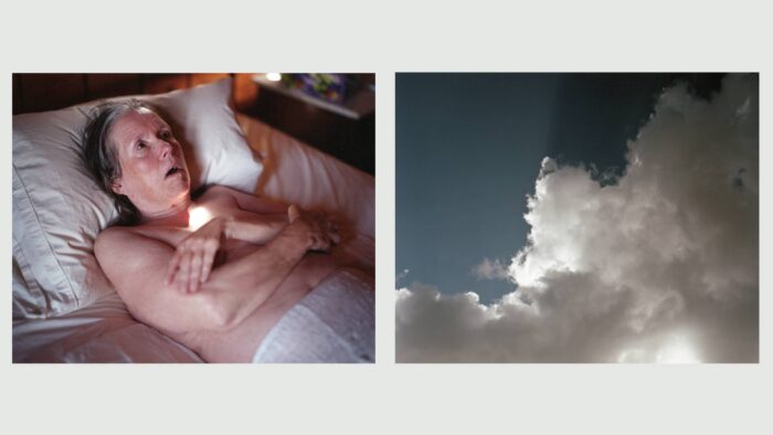 Two images: a person lying in bed with arms crossed; and clouds.