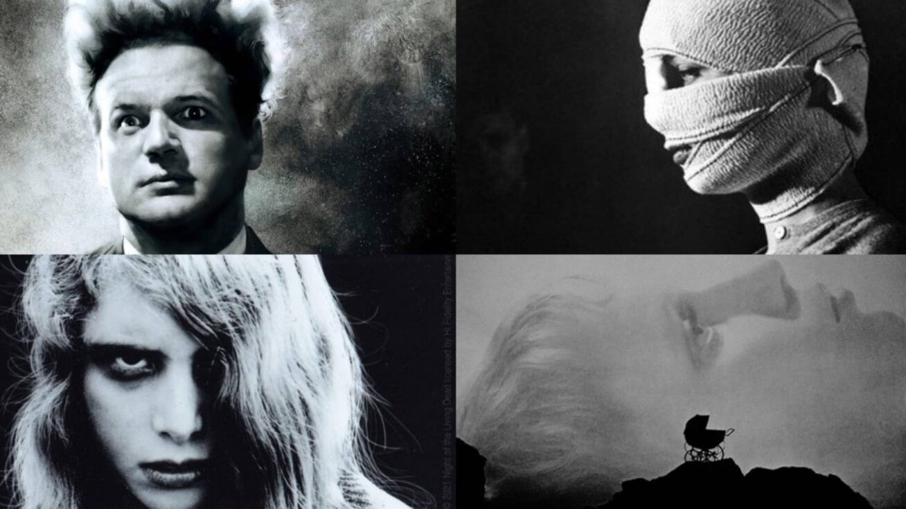 Four black and white film stills.