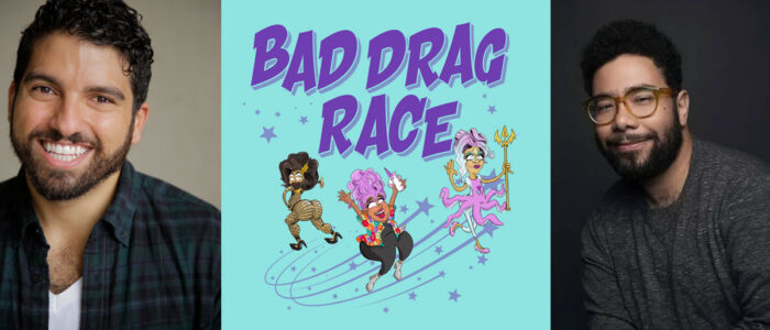Headshots of two men on the left and right and an illustration for "Bad Drag Race" in the middle.
