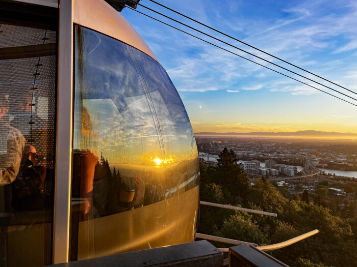 Photo of the Portland aerial tram at sunset.