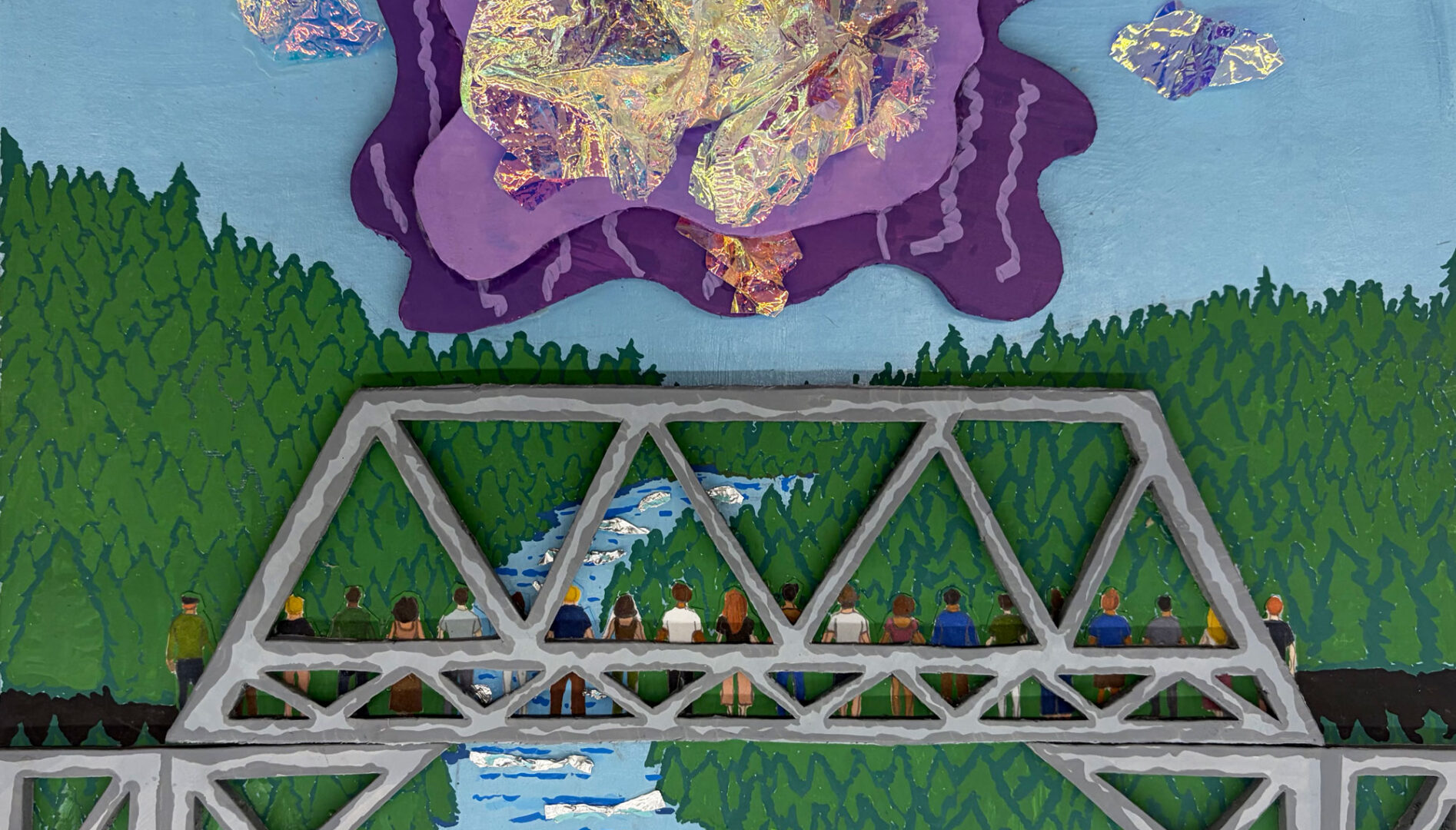 Mixed media art piece with a bridge over a river and trees on both sides.