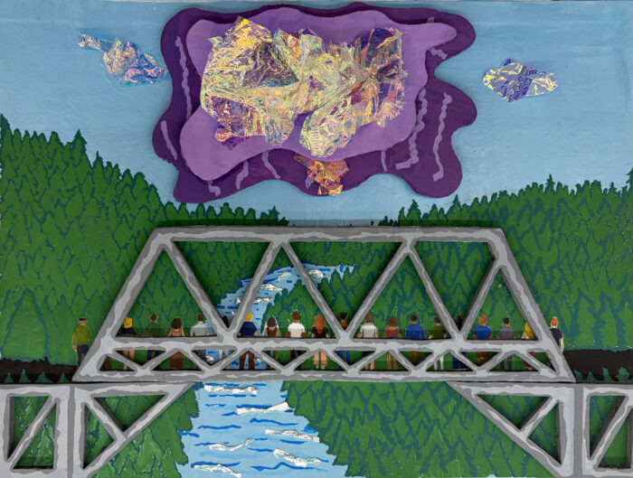 Mixed media art piece with a bridge over a river and trees on both sides.