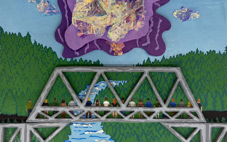 Mixed media art piece with a bridge over a river and trees on both sides.